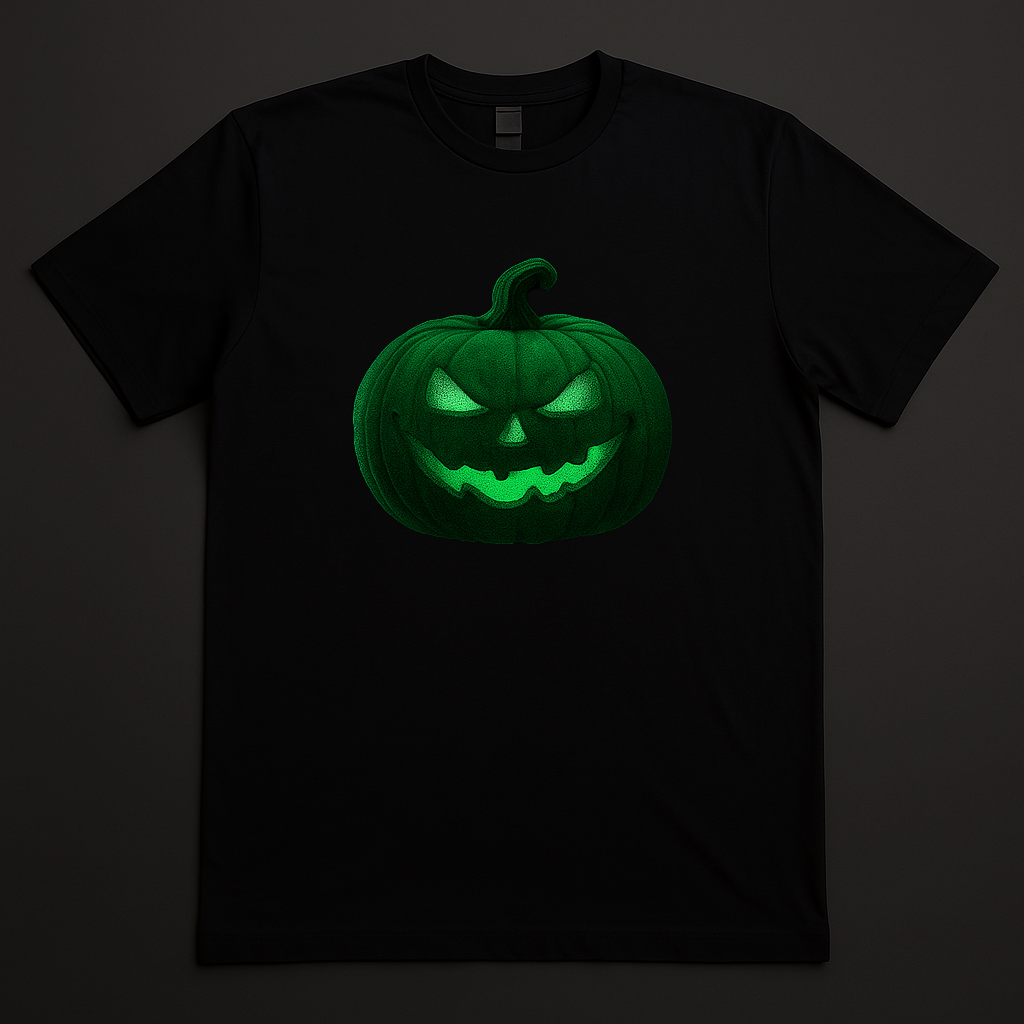 Supplier example of glow-in-the-dark DTF pumpkin transfer applied to a black shirt; transfer only, shirt not included