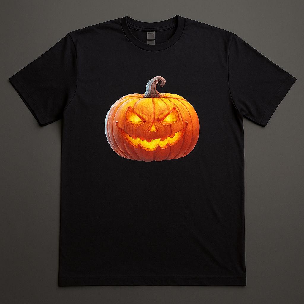 Supplier example of a pumpkin DTF transfer in daylight; transfer only, shirt not included